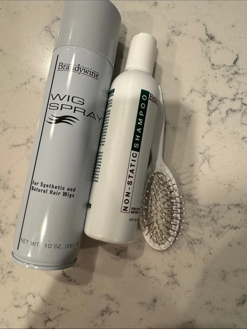 Brandywine White Wig Spray, Non-Static Shampoo and wig brush. NEW